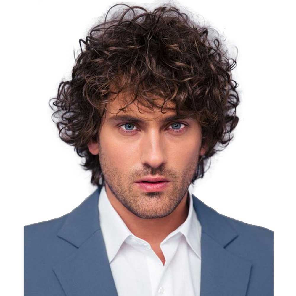 Short Brown Curly Layered Wig Fluffy Wig for Male Guy