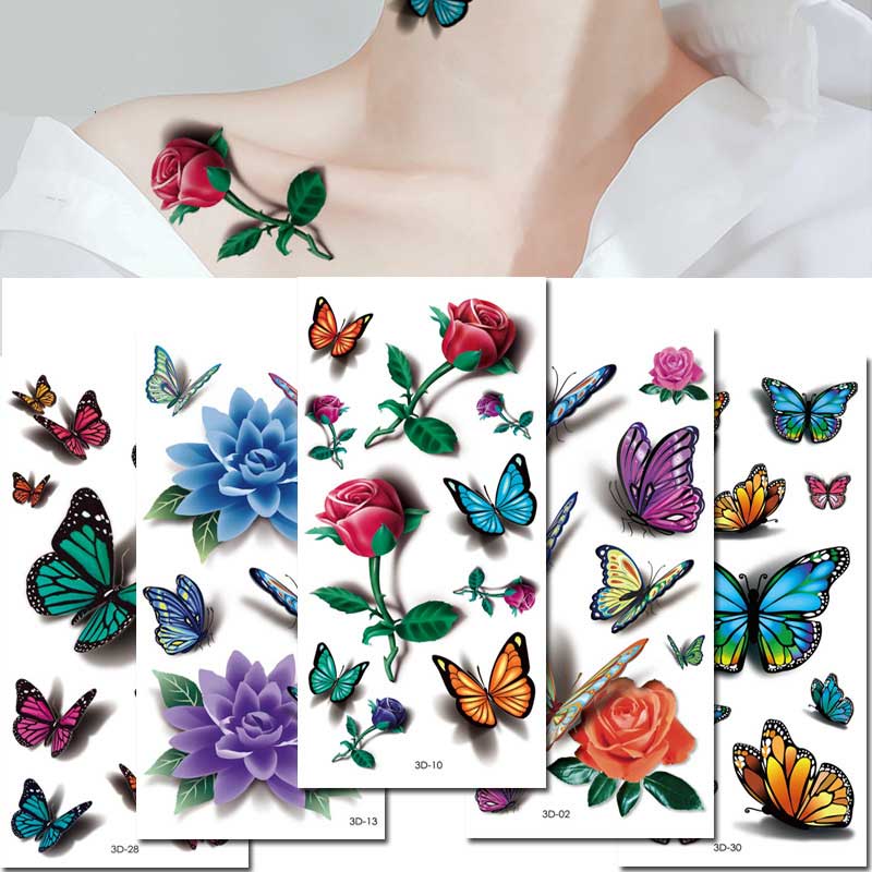 10 Sheet 3D Flower Butterfly Bowknot Scorpion Temporary Tattoos