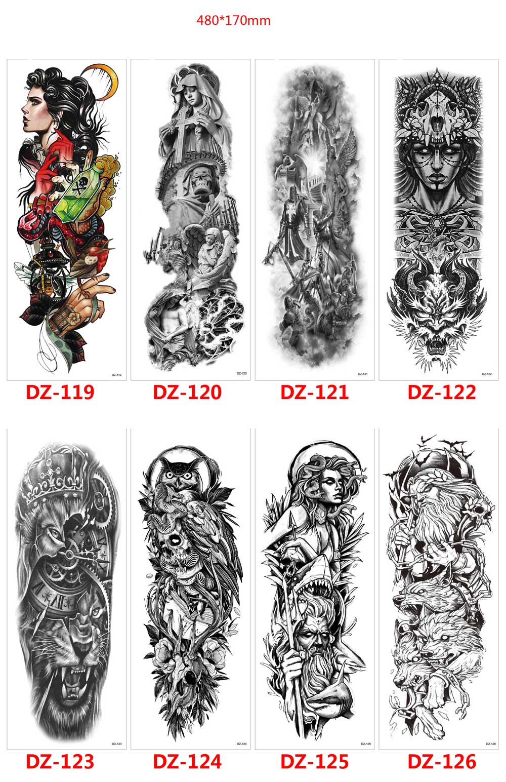 5 Sheet Full Arm Temporary Tattoo Jesus Queen Skeleton Lion King