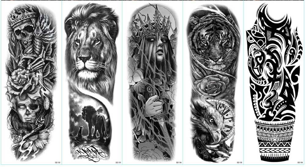 5 Sheet Full Arm Temporary Tattoo Jesus Queen Skeleton Lion King