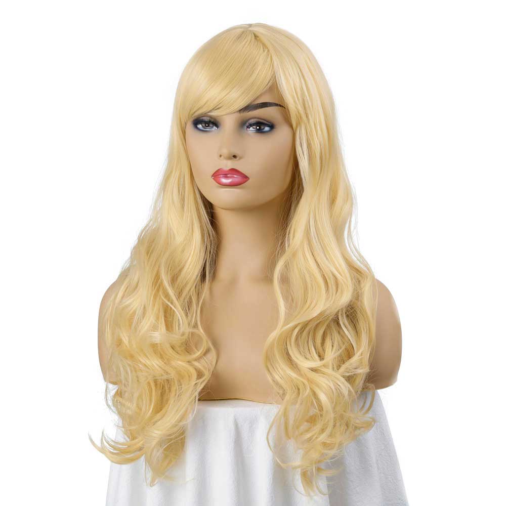 Light Blonde Long Curly Wavy Wig with Side Part Bangs Wig