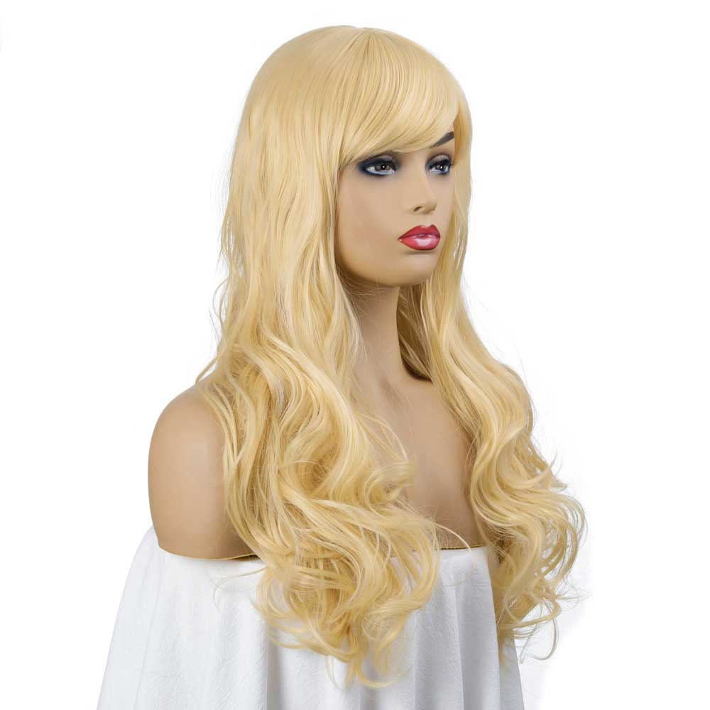 Light Blonde Long Curly Wavy Wig with Side Part Bangs Wig