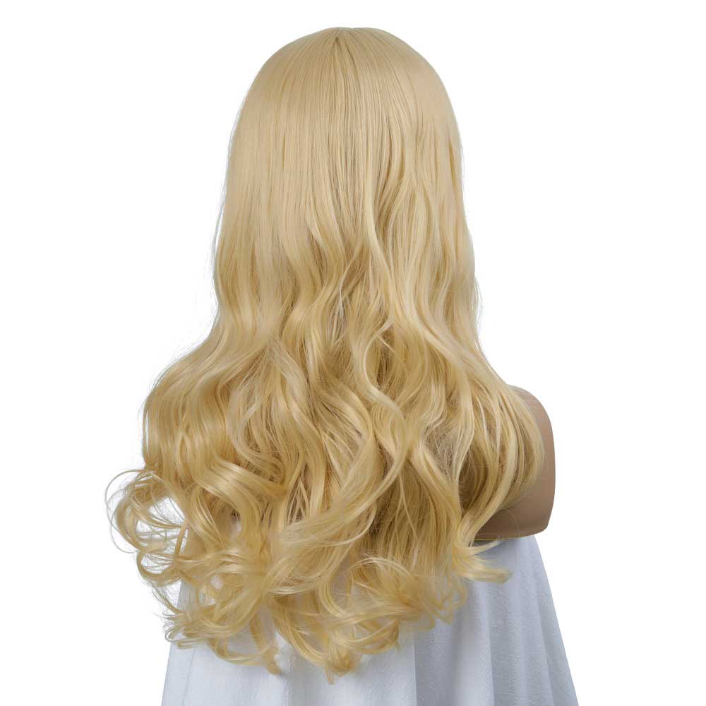 Light Blonde Long Curly Wavy Wig with Side Part Bangs Wig