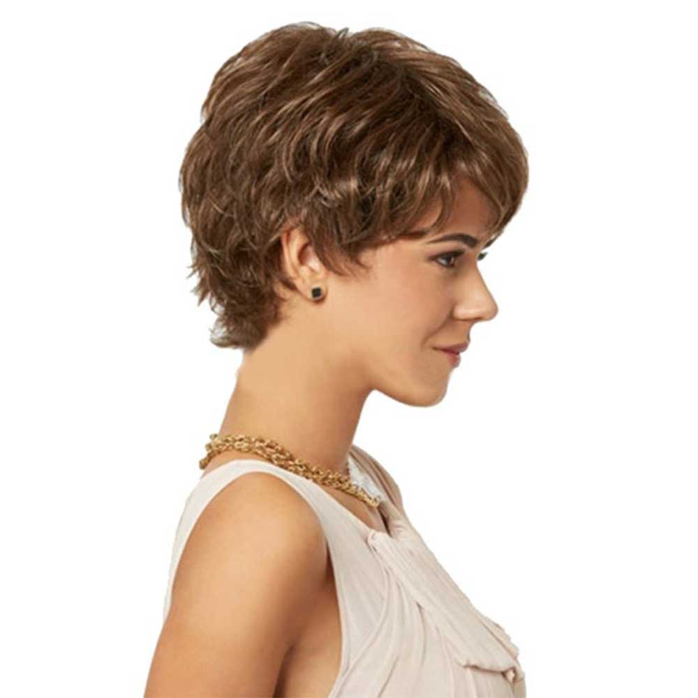 Short Brown Wig with Bangs Layered Pixie Cut Natural Curl