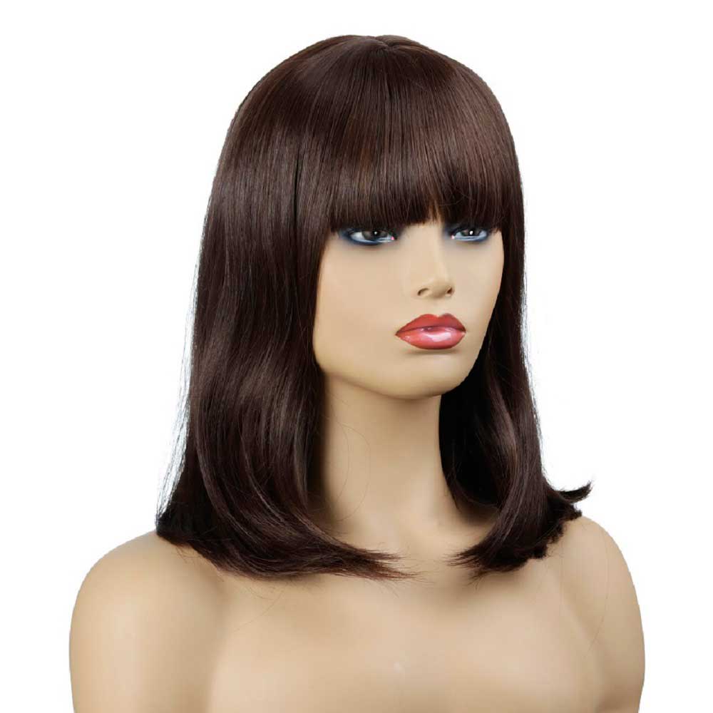 Brown Short Straight Wig With Flat Bangs Layed Bob Straight