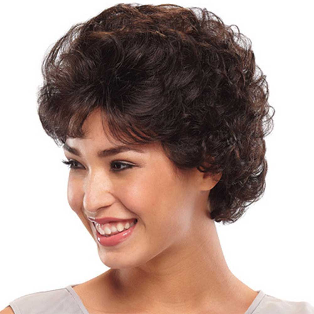 Dark Brown Short Curly Wavy Wig with Hair Bangs Fashion