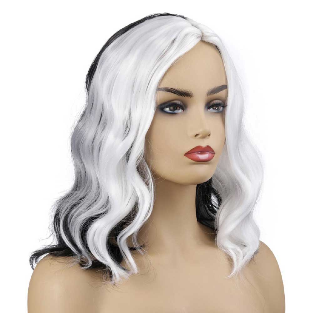 Short Bob Wavy Curly Black and White Wig For Women Cosplays