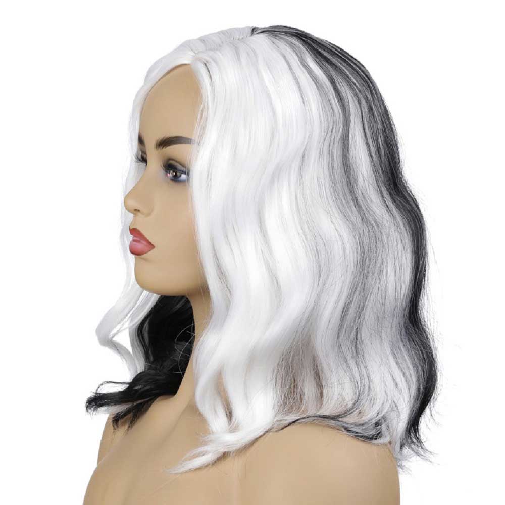 Short Bob Wavy Curly Black and White Wig For Women Cosplays