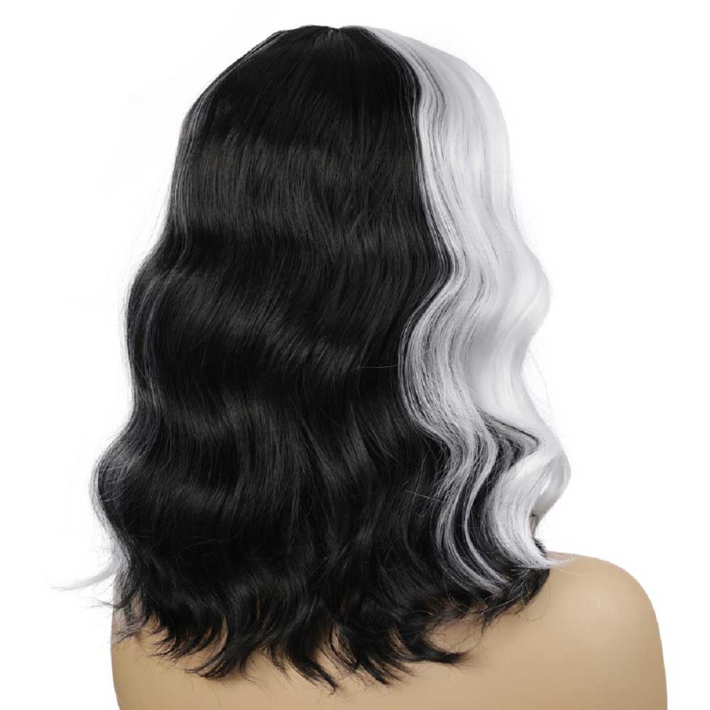 Short Bob Wavy Curly Black and White Wig For Women Cosplays