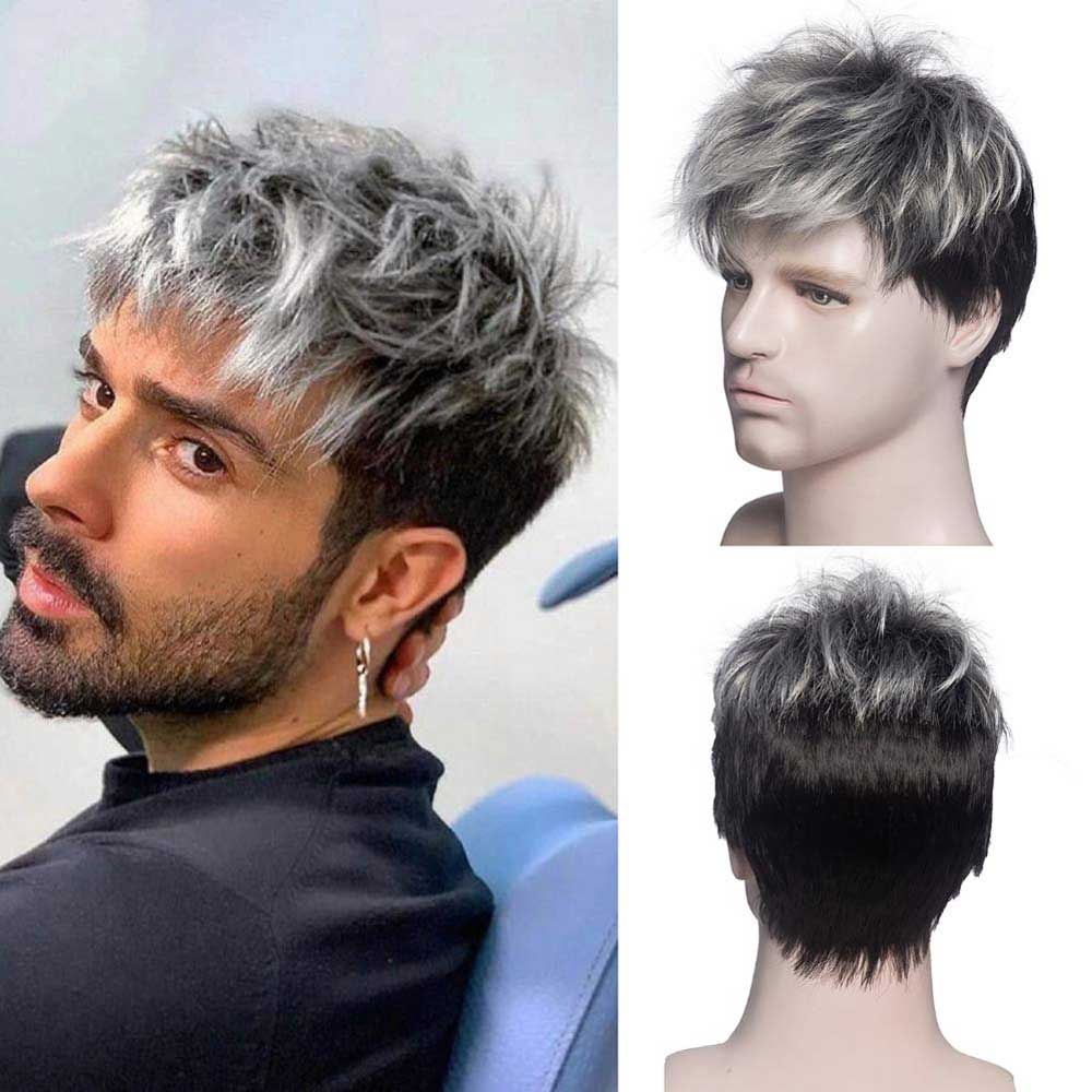 Men Fashion Short Curly Silver Grey Root Black Synthetic Wigs