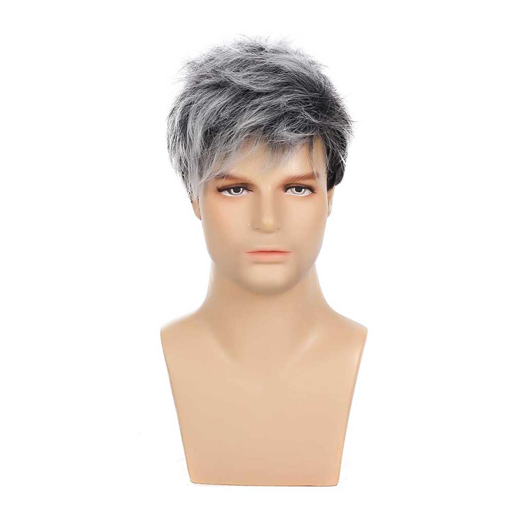 Men Fashion Short Curly Silver Grey Root Black Synthetic Wigs