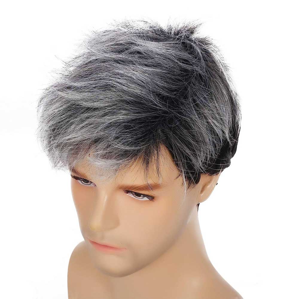 Men Fashion Short Curly Silver Grey Root Black Synthetic Wigs