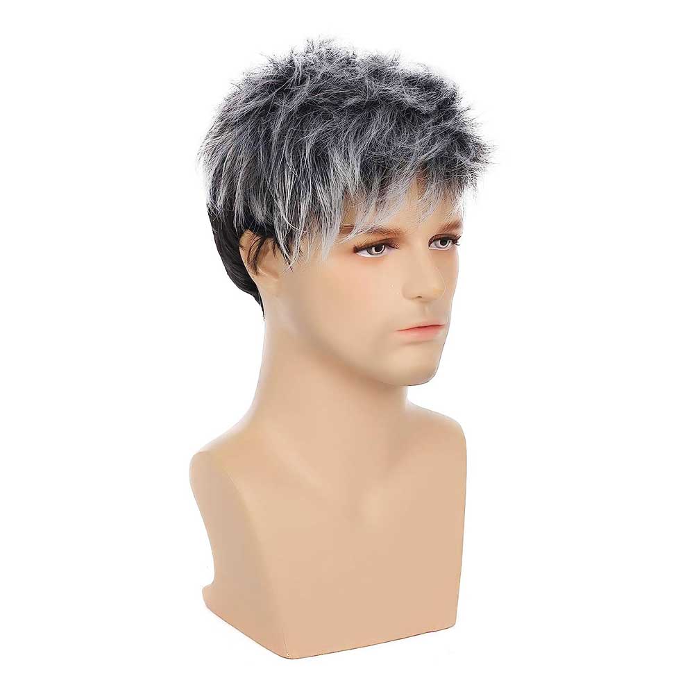 Men Fashion Short Curly Silver Grey Root Black Synthetic Wigs