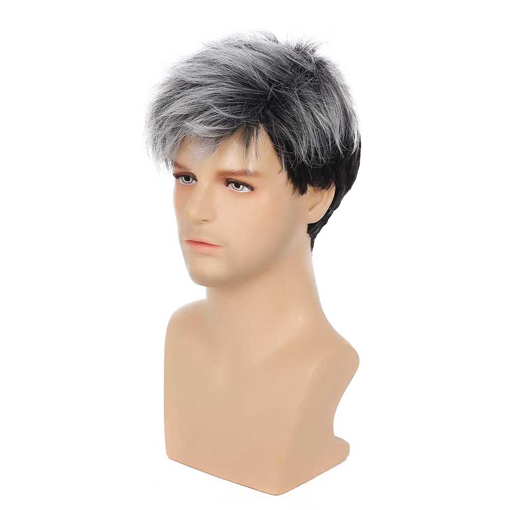 Men Fashion Short Curly Silver Grey Root Black Synthetic Wigs