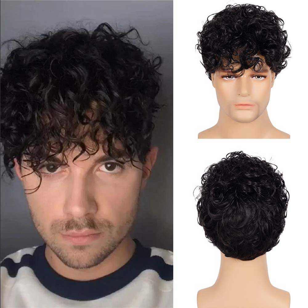 Short Curly Mens Black Wig Fluffy Synthetic Wig for Male Guy