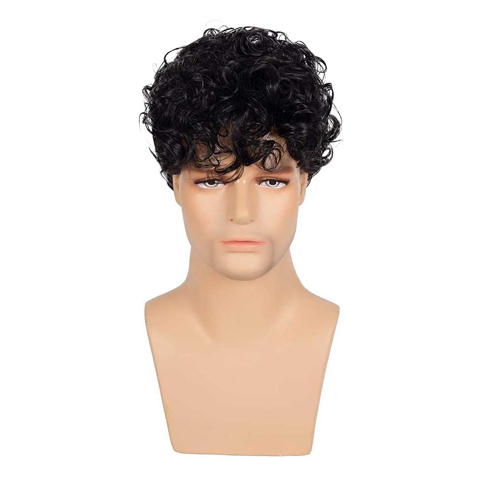 Short Curly Mens Black Wig Fluffy Synthetic Wig for Male Guy