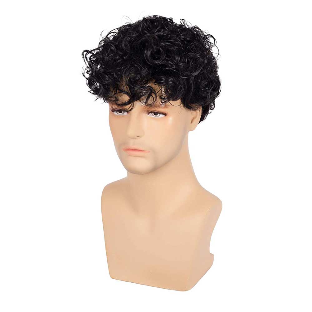 Short Curly Mens Black Wig Fluffy Synthetic Wig for Male Guy