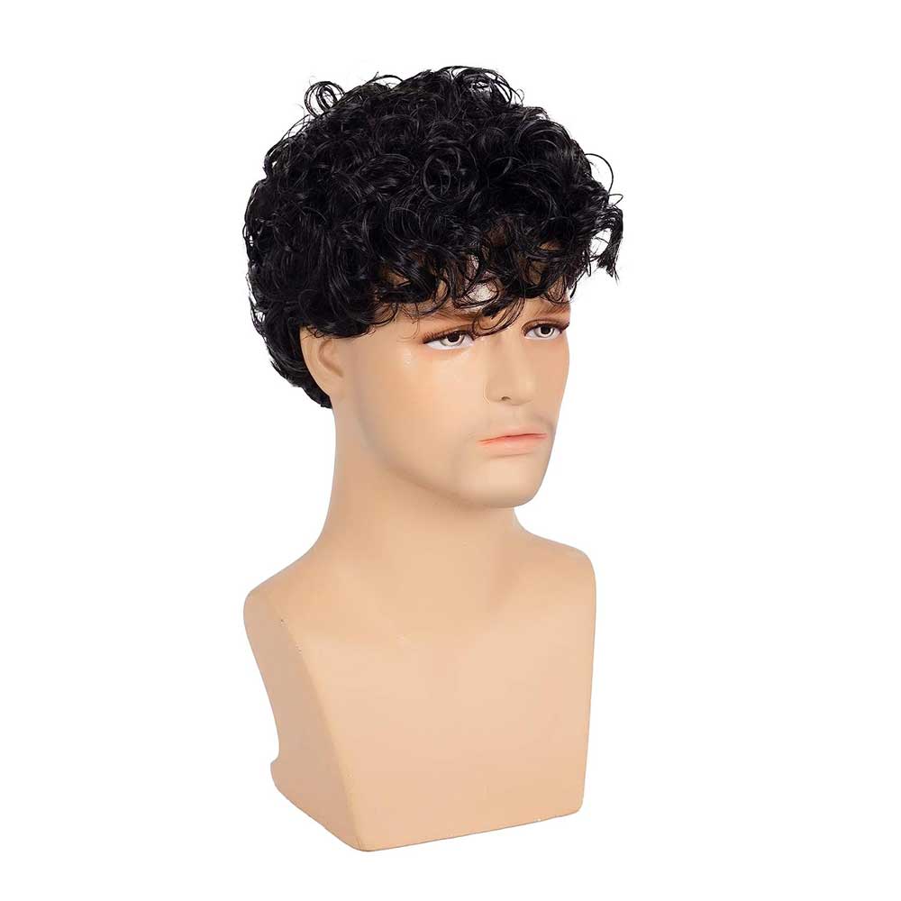 Short Curly Mens Black Wig Fluffy Synthetic Wig for Male Guy