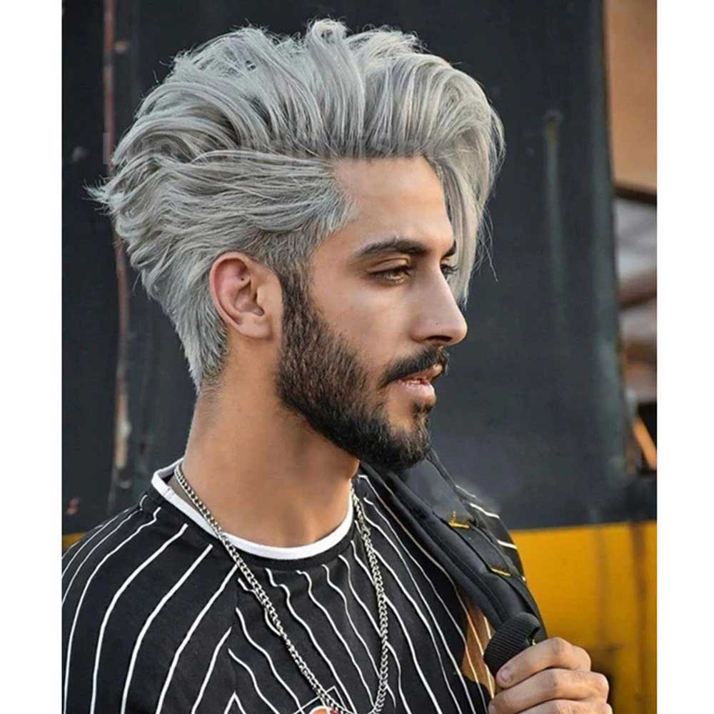 Silver Grey Wig Natural Layered Heat Resistant Hair for Male Guy