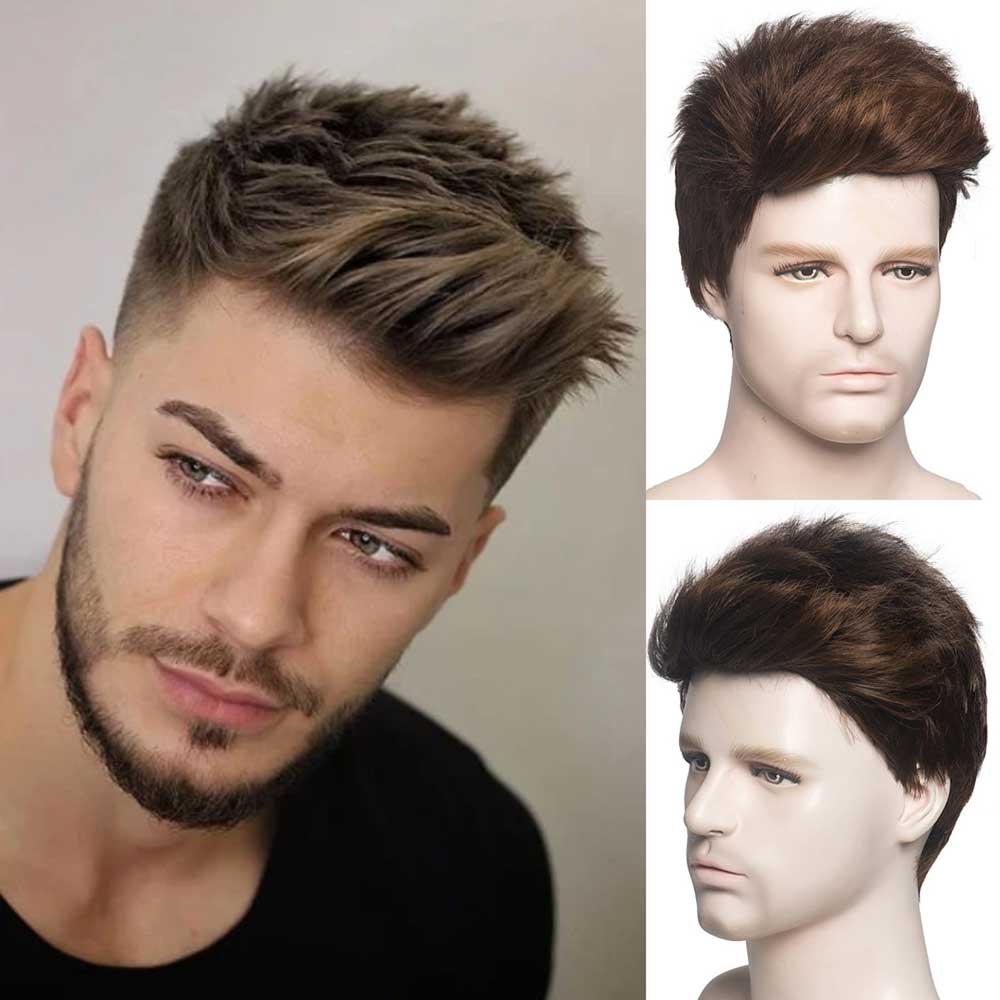 Mens Short Straight Brown Synthetic Wig Replacement Daily Use