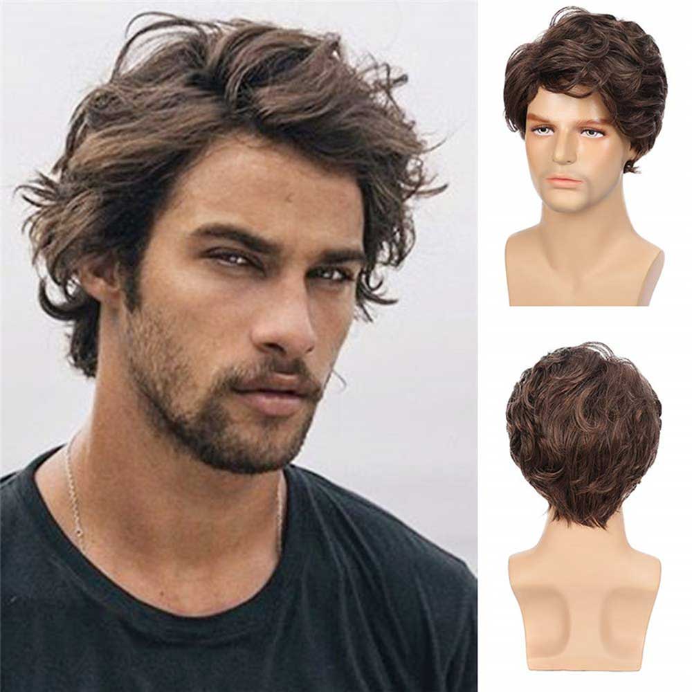 Mens Wigs Brown Short Wavy Shaggy Cosplay Halloween Costume